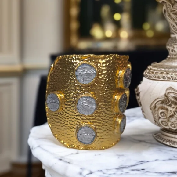 24k Gold Plated Massive Artisan Ancient Coin Cuff Bracelet - Picture 3 of 9